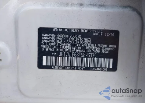 2015 Subaru Wrx Premium z USA, uszkodzony, nr VIN JF1VA1F68F9826335